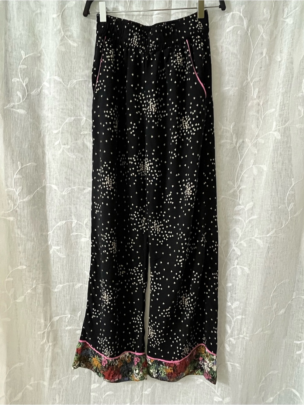 Anthropologie Black Heart-Print Wide-Leg Pants with Floral Cuffs XS